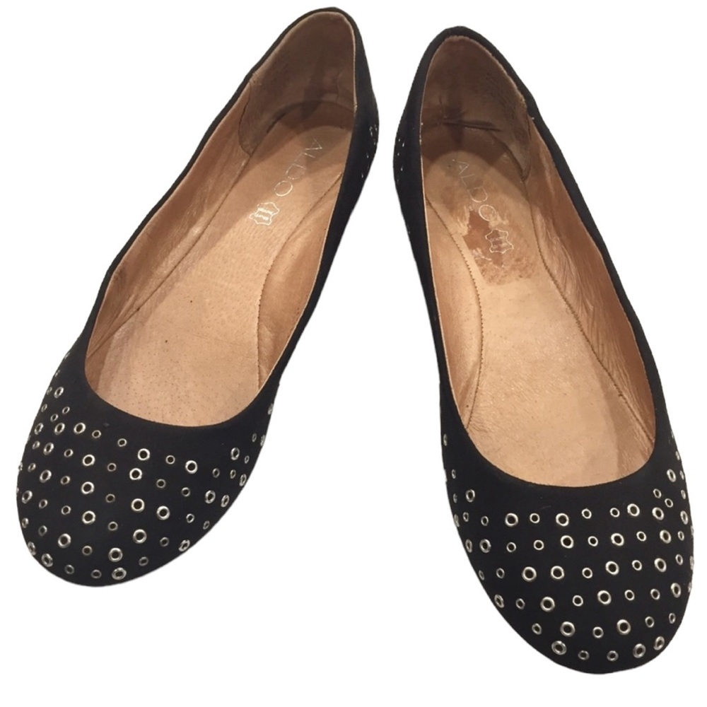 Aldo Black Suede Silver Grommet Flats